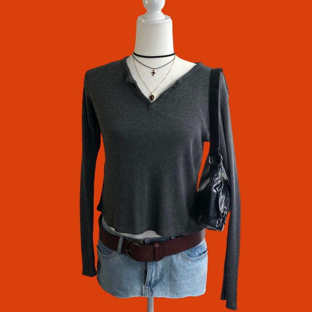 John Galt Brandy Melville Charcoal Grey Ribbed Long Sleeve Henley Top OS